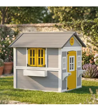 Casita Infantil Exterior e Interior de Madera con Puerta Ventanas Jardineras y Soportes de Flores Gris