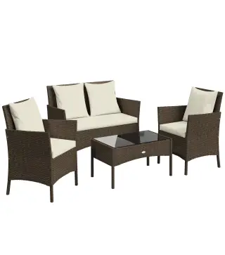 Conjunto de Jardín Exterior de Ratán 4 Piezas Incluye Sofá de 2 Plazas 2 Sillas Mesa de Vidrio Cojines Lavables Marrón