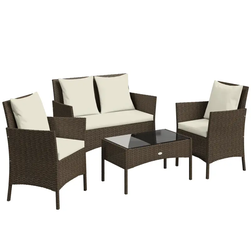 Conjunto de Jardín Exterior de Ratán 4 Piezas Incluye Sofá de 2 Plazas 2 Sillas Mesa de Vidrio Cojines Lavables Marrón