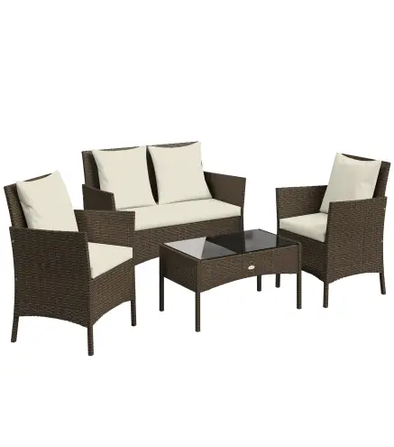 Conjunto de Jardín Exterior de Ratán 4 Piezas Incluye Sofá de 2 Plazas 2 Sillas Mesa de Vidrio Cojines Lavables Marrón