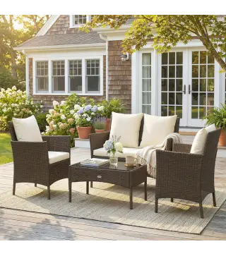 Conjunto de Jardín Exterior de Ratán 4 Piezas Incluye Sofá de 2 Plazas 2 Sillas Mesa de Vidrio Cojines Lavables Marrón