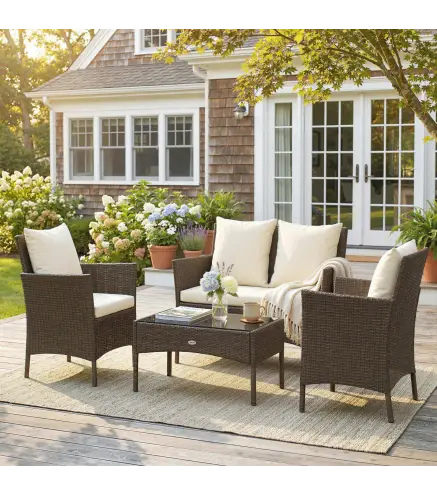 Conjunto de Jardín Exterior de Ratán 4 Piezas Incluye Sofá de 2 Plazas 2 Sillas Mesa de Vidrio Cojines Lavables Marrón