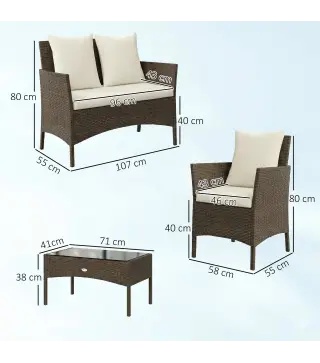 Conjunto de Jardín Exterior de Ratán 4 Piezas Incluye Sofá de 2 Plazas 2 Sillas Mesa de Vidrio Cojines Lavables Marrón