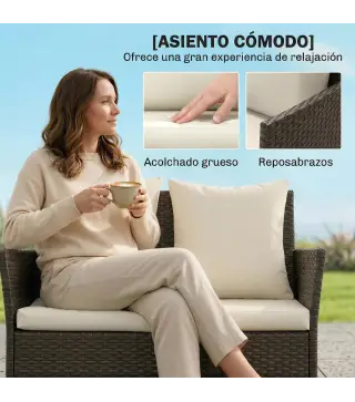 Conjunto de Jardín Exterior de Ratán 4 Piezas Incluye Sofá de 2 Plazas 2 Sillas Mesa de Vidrio Cojines Lavables Marrón