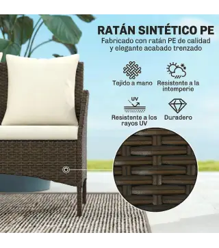 Conjunto de Jardín Exterior de Ratán 4 Piezas Incluye Sofá de 2 Plazas 2 Sillas Mesa de Vidrio Cojines Lavables Marrón
