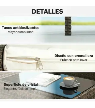 Conjunto de Jardín Exterior de Ratán 4 Piezas Incluye Sofá de 2 Plazas 2 Sillas Mesa de Vidrio Cojines Lavables Marrón