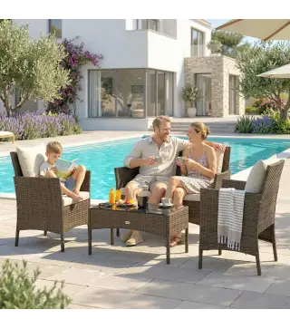 Conjunto de Jardín Exterior de Ratán 4 Piezas Incluye Sofá de 2 Plazas 2 Sillas Mesa de Vidrio Cojines Lavables Marrón