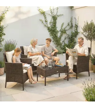 Conjunto de Jardín Exterior de Ratán 4 Piezas Incluye Sofá de 2 Plazas 2 Sillas Mesa de Vidrio Cojines Lavables Marrón