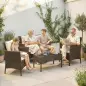 Conjunto de Jardín Exterior de Ratán 4 Piezas Incluye Sofá de 2 Plazas 2 Sillas Mesa de Vidrio Cojines Lavables Marrón