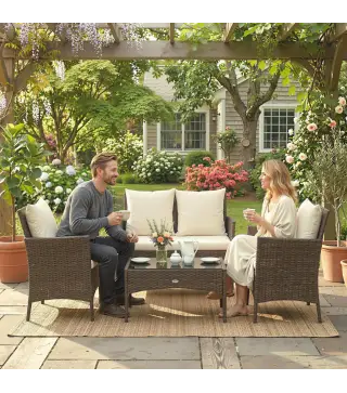 Conjunto de Jardín Exterior de Ratán 4 Piezas Incluye Sofá de 2 Plazas 2 Sillas Mesa de Vidrio Cojines Lavables Marrón