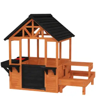 Casita Infantil Exterior e Interior de Madera con Barra de Snack y Bancos Mesa Lateral Fregadero Maceteros Marrón Claro