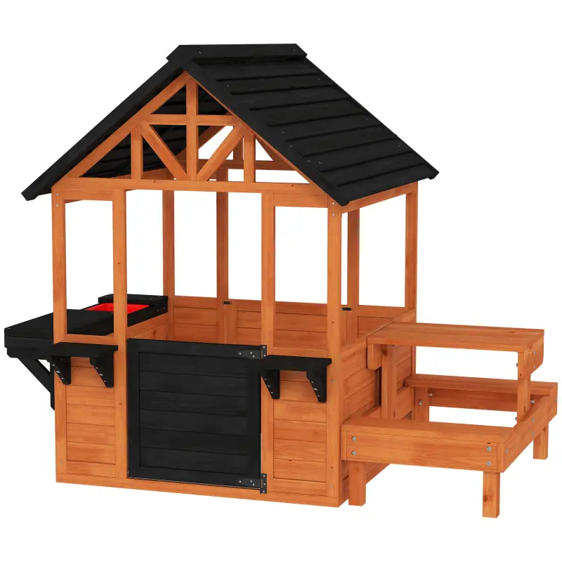 Casita Infantil Exterior e Interior de Madera con Barra de Snack y Bancos Mesa Lateral Fregadero Maceteros Marrón Claro