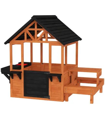 Casita Infantil Exterior e Interior de Madera con Barra de Snack y Bancos Mesa Lateral Fregadero Maceteros Marrón Claro