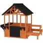 Casita Infantil Exterior e Interior de Madera con Barra de Snack y Bancos Mesa Lateral Fregadero Maceteros Marrón Claro
