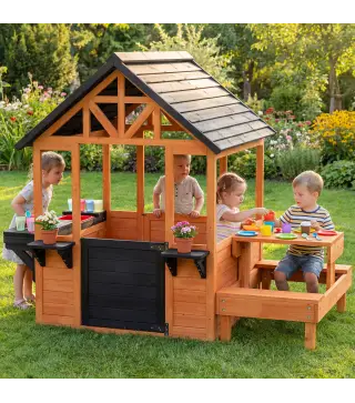 Casita Infantil Exterior e Interior de Madera con Barra de Snack y Bancos Mesa Lateral Fregadero Maceteros Marrón Claro
