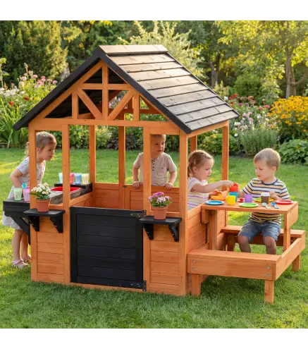 Casita Infantil Exterior e Interior de Madera con Barra de Snack y Bancos Mesa Lateral Fregadero Maceteros Marrón Claro