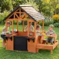 Casita Infantil Exterior e Interior de Madera con Barra de Snack y Bancos Mesa Lateral Fregadero Maceteros Marrón Claro