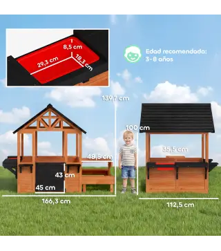 Casita Infantil Exterior e Interior de Madera con Barra de Snack y Bancos Mesa Lateral Fregadero Maceteros Marrón Claro