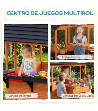 Casita Infantil Exterior e Interior de Madera con Barra de Snack y Bancos Mesa Lateral Fregadero Maceteros Marrón Claro