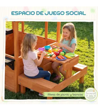 Casita Infantil Exterior e Interior de Madera con Barra de Snack y Bancos Mesa Lateral Fregadero Maceteros Marrón Claro