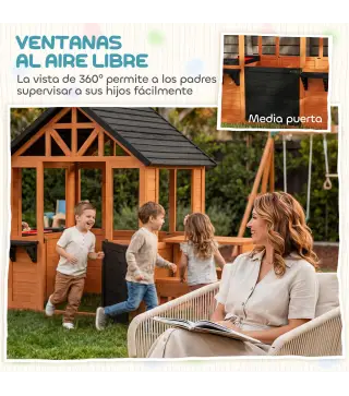 Casita Infantil Exterior e Interior de Madera con Barra de Snack y Bancos Mesa Lateral Fregadero Maceteros Marrón Claro