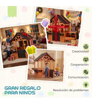 Casita Infantil Exterior e Interior de Madera con Barra de Snack y Bancos Mesa Lateral Fregadero Maceteros Marrón Claro