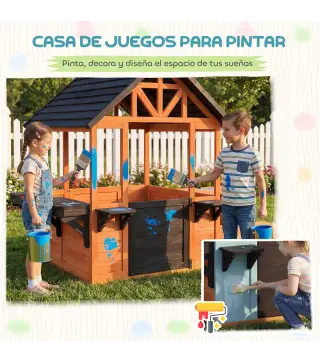 Casita Infantil Exterior e Interior de Madera con Barra de Snack y Bancos Mesa Lateral Fregadero Maceteros Marrón Claro