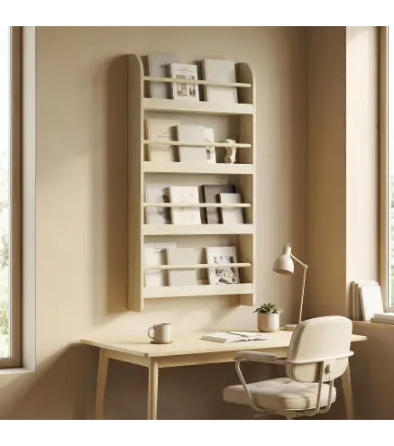 Estantería de Pared de Libros con 4 Estantes Librería Infantil para Hogar Oficina Carga 30kg 59x12x113cm Natural