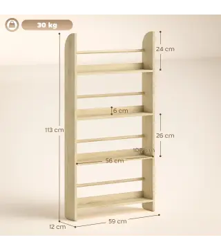 Estantería de Pared de Libros con 4 Estantes Librería Infantil para Hogar Oficina Carga 30kg 59x12x113cm Natural
