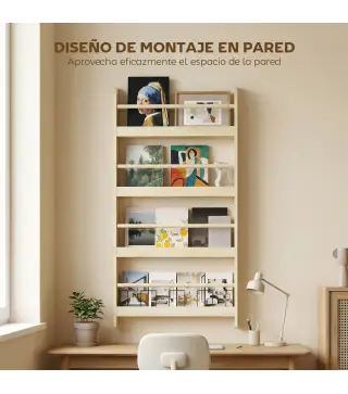 Estantería de Pared de Libros con 4 Estantes Librería Infantil para Hogar Oficina Carga 30kg 59x12x113cm Natural