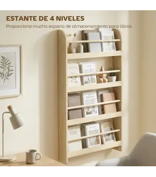 Estantería de Pared de Libros con 4 Estantes Librería Infantil para Hogar Oficina Carga 30kg 59x12x113cm Natural