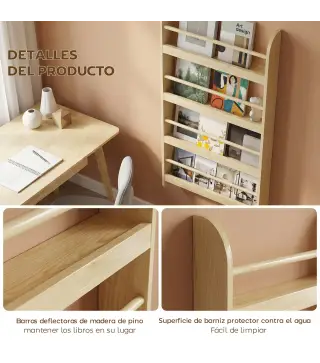 Estantería de Pared de Libros con 4 Estantes Librería Infantil para Hogar Oficina Carga 30kg 59x12x113cm Natural