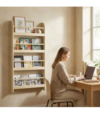 Estantería de Pared de Libros con 4 Estantes Librería Infantil para Hogar Oficina Carga 30kg 59x12x113cm Natural