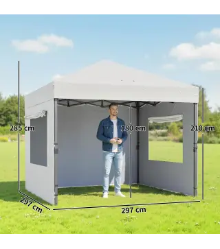 Carpa Plegable Pop-up 3x3 m con 3 Paredes 2 Ventanas Altura Ajustable UPF50+ Bolsa Transporte y Sacos de Arena Blanco