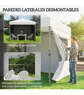 Carpa Plegable Pop-up 3x3 m con 3 Paredes 2 Ventanas Altura Ajustable UPF50+ Bolsa Transporte y Sacos de Arena Blanco