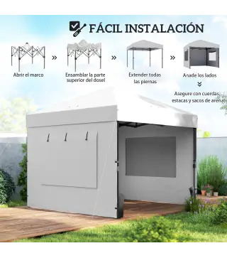 Carpa Plegable Pop-up 3x3 m con 3 Paredes 2 Ventanas Altura Ajustable UPF50+ Bolsa Transporte y Sacos de Arena Blanco