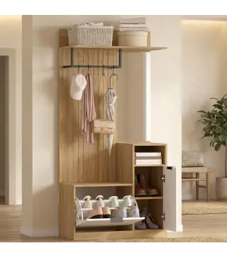 Perchero Entrada Recibidor con Zapatero Armario Estantes Abiertos y 4 Ganchos 80x36x168 cm Roble