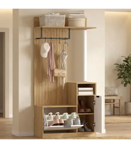 Perchero Entrada Recibidor con Zapatero Armario Estantes Abiertos y 4 Ganchos 80x36x168 cm Roble