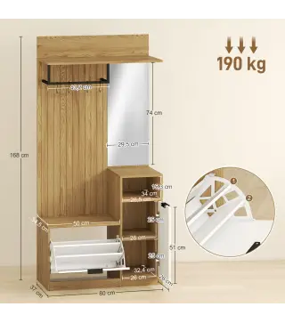 Perchero Entrada Recibidor con Zapatero Armario Estantes Abiertos y 4 Ganchos 80x36x168 cm Roble