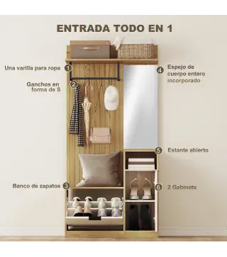 Perchero Entrada Recibidor con Zapatero Armario Estantes Abiertos y 4 Ganchos 80x36x168 cm Roble