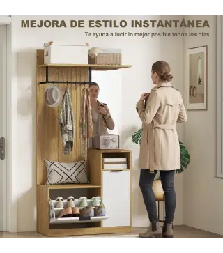 Perchero Entrada Recibidor con Zapatero Armario Estantes Abiertos y 4 Ganchos 80x36x168 cm Roble