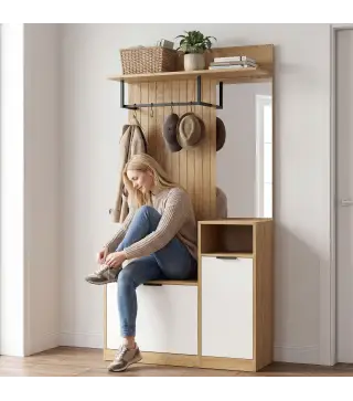 Perchero Entrada Recibidor con Zapatero Armario Estantes Abiertos y 4 Ganchos 80x36x168 cm Roble