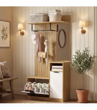 Perchero Entrada Recibidor con Zapatero Armario Estantes Abiertos y 4 Ganchos 80x36x168 cm Roble