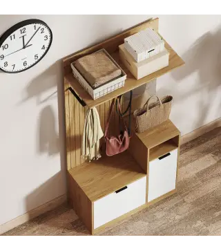 Perchero Entrada Recibidor con Zapatero Armario Estantes Abiertos y 4 Ganchos 80x36x168 cm Roble