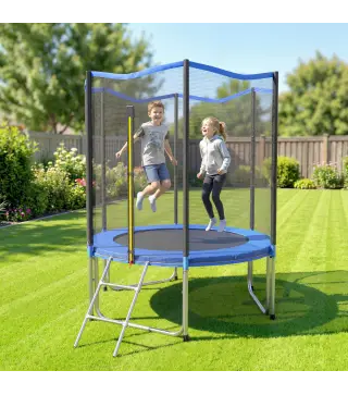 Cama Elástica Exterior Ø183 cm Trampolín para Niños con Red de Seguridad Escalera y Acolchado de Muelles Azul