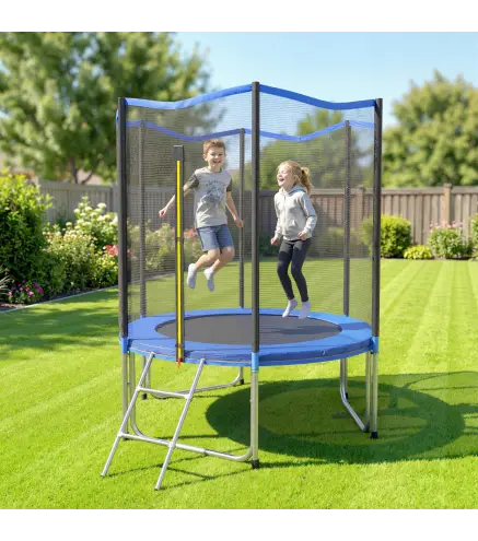 Cama Elástica Exterior Ø183 cm Trampolín para Niños con Red de Seguridad Escalera y Acolchado de Muelles Azul