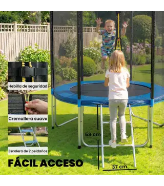 Cama Elástica Exterior Ø183 cm Trampolín para Niños con Red de Seguridad Escalera y Acolchado de Muelles Azul