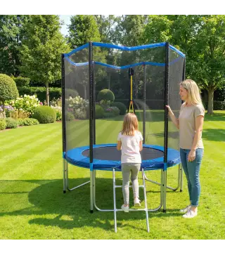 Cama Elástica Exterior Ø183 cm Trampolín para Niños con Red de Seguridad Escalera y Acolchado de Muelles Azul