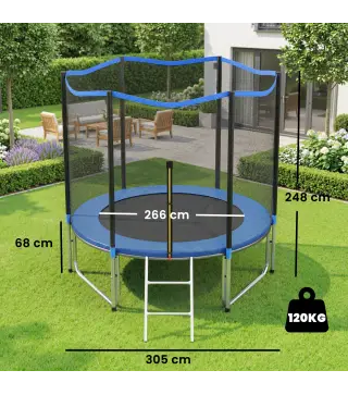 Cama Elástica Exterior Ø305 cm Trampolín para Niños con Red de Seguridad Escalera y Acolchado de Muelles Azul