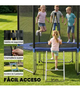 Cama Elástica Exterior Ø305 cm Trampolín para Niños con Red de Seguridad Escalera y Acolchado de Muelles Azul